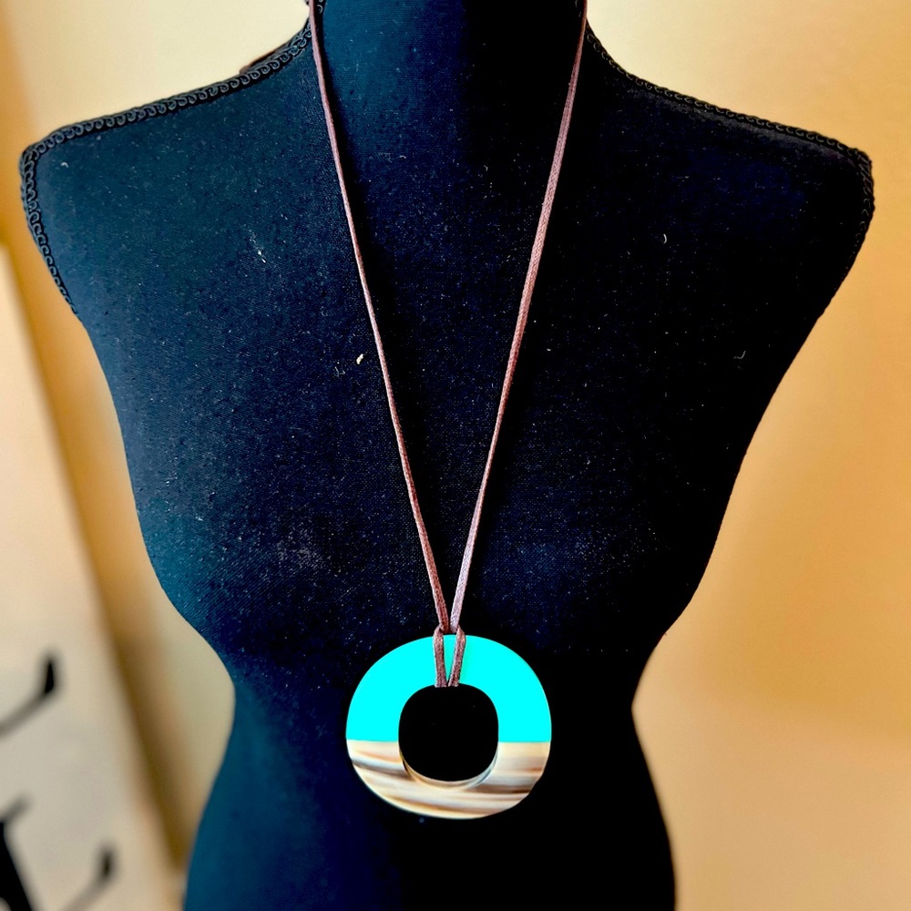 Turquoise & Buffalo Horn Statement Pendant Necklace | Adjustable Leather Cord - Picture 3 of 10